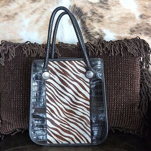 Vintage Brighten Hair on Hide Zebra and Croc Print with Silver Grommets Tote Bag